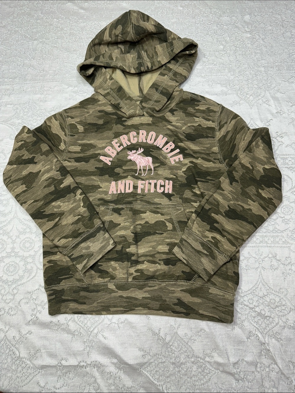 Y2K Abercrombie kids Camo Hoodie Pink spellout Logo Vintage 2000s size 7/8 - Picture 1 of 16